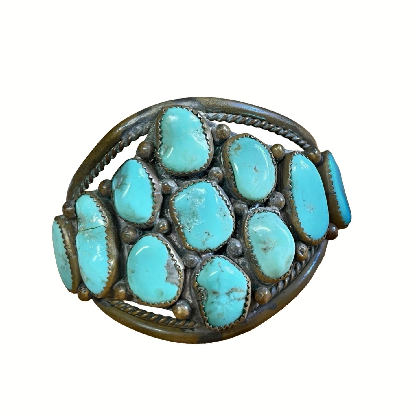 RARE Vintage Navajo Brass & Turquoise Cluster Cuff Hallmark DD