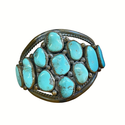 RARE Vintage Navajo Brass & Turquoise Cluster Cuff Hallmark DD