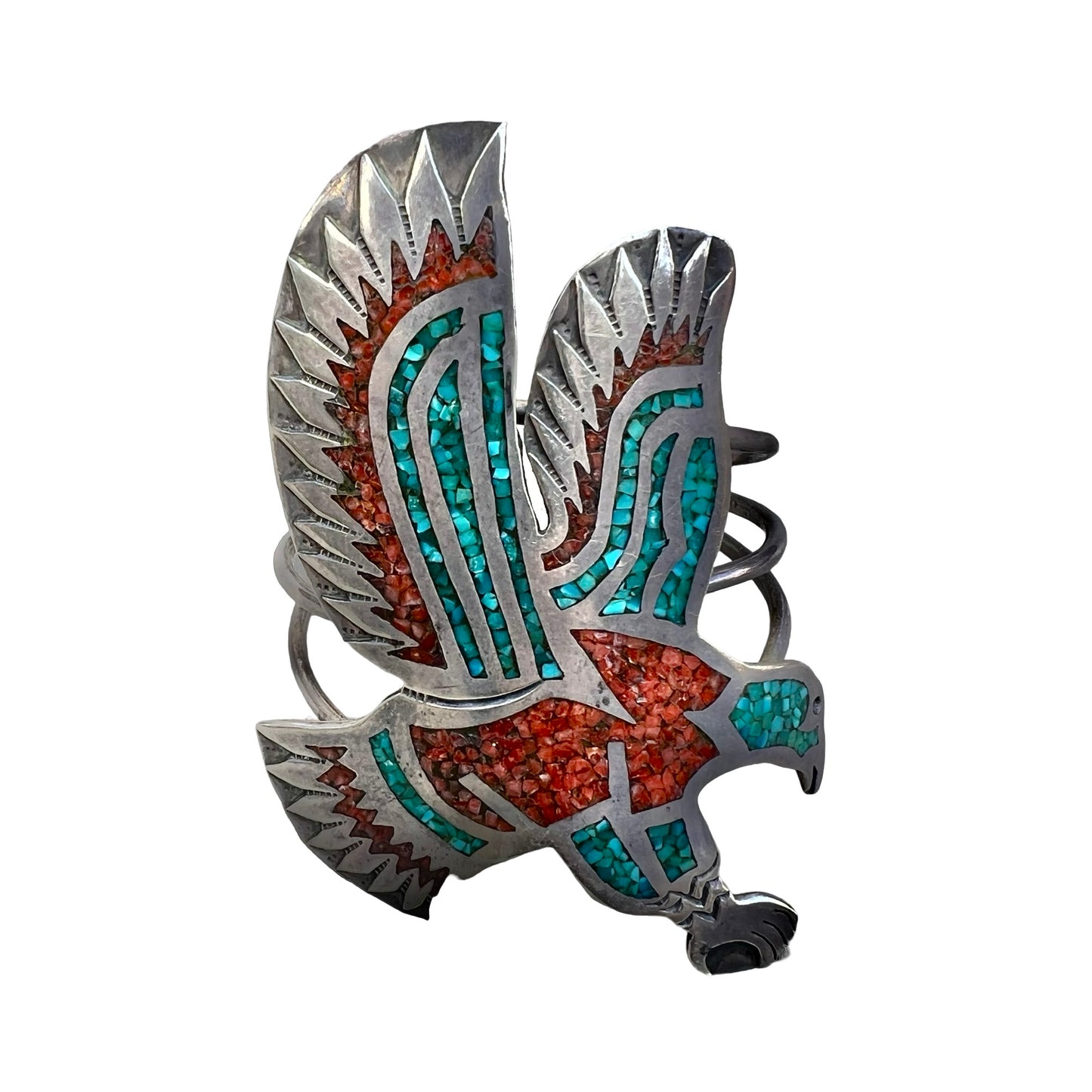 Massive Vintage Navajo Sterling Silver & Turquoise Coral Mosaic Inlay Thunderbird Cuff Signed