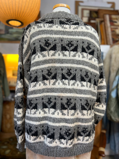 Vintage Hand Knit Wool Cowichan Cardigan w/ Pockets