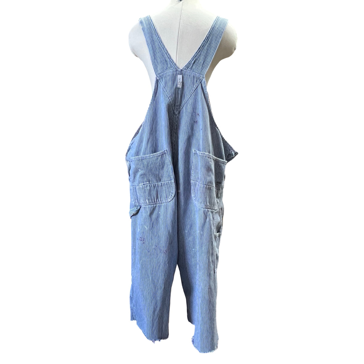 Vintage Heavily Distressed Key Engineer Striped Cropped Gaucho Overalls