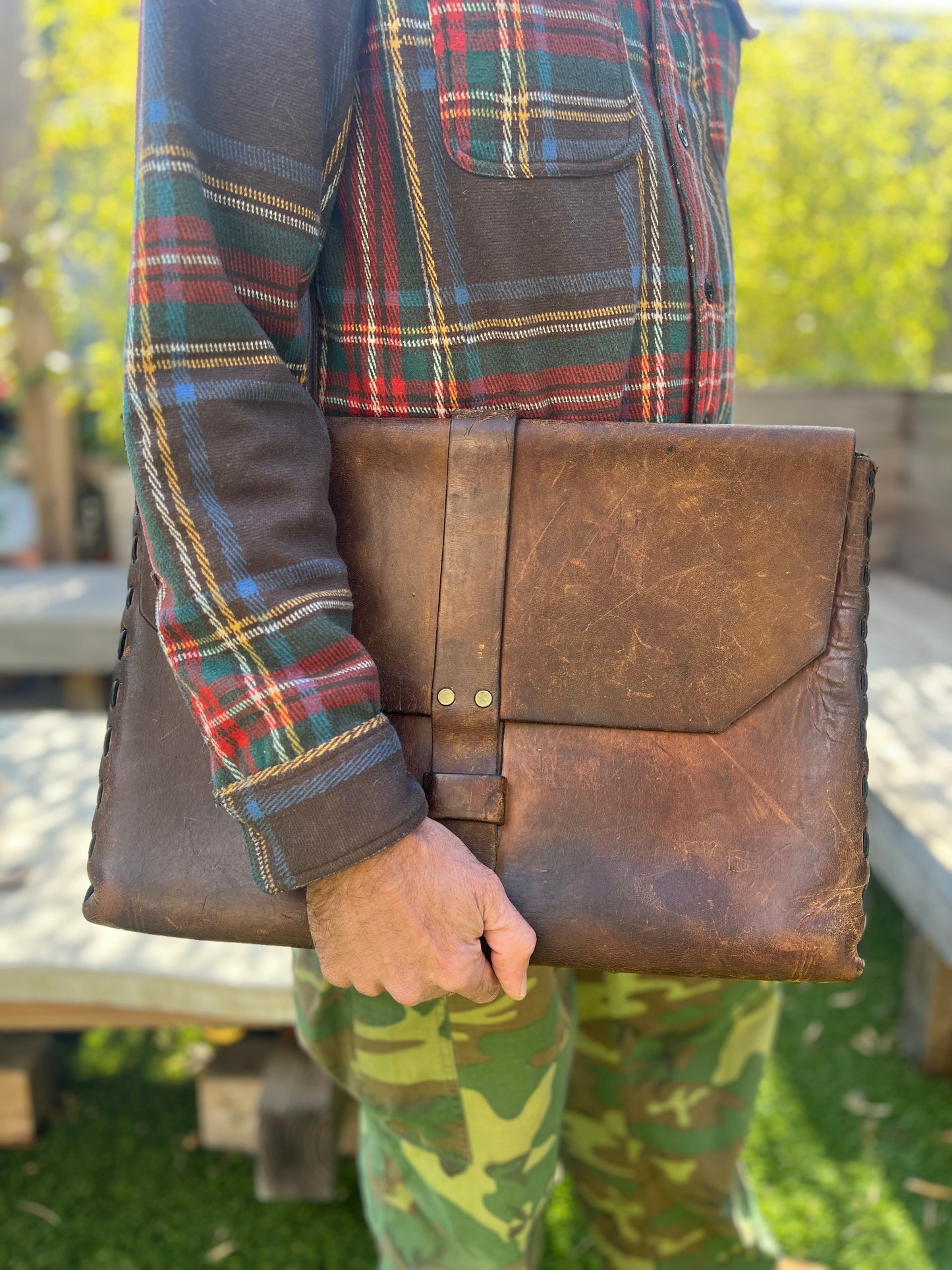 Vintage 70’s Large Handmade Leather Portfolio Briefcase Brass Hardware Beautiful Patina