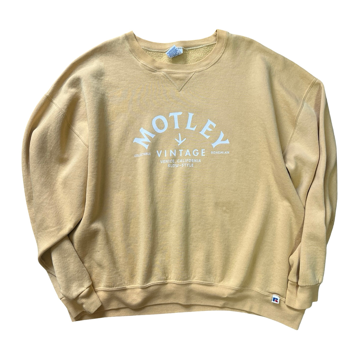 Vintage 90’s Oversized Distressed Butter Yellow Crewneck Sweatshirt w/ MV Logo #28