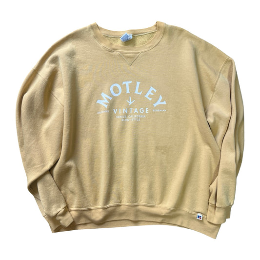 Vintage 90’s Oversized Distressed Butter Yellow Crewneck Sweatshirt w/ MV Logo #28