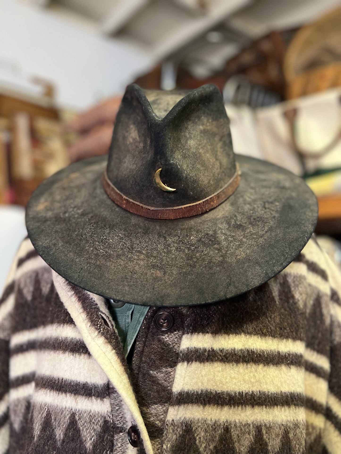Vintage Bespoke Hat Crescent Moon Leather Band Weathered Worn Western