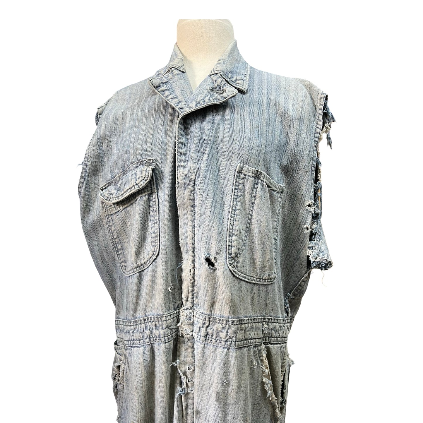 Vintage 1960’s Big Ben Herringbone Twill Heavily Distressed Cut Sleeve Sanforized Denim Jumpsuit 42