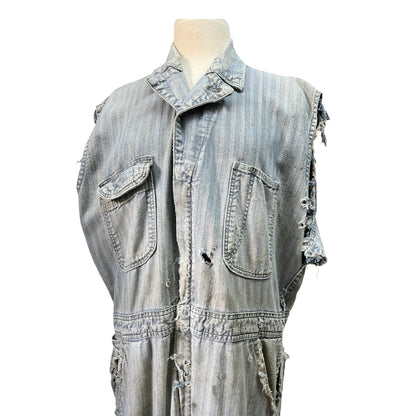 Vintage 1960’s Big Ben Herringbone Twill Heavily Distressed Cut Sleeve Sanforized Denim Jumpsuit 42