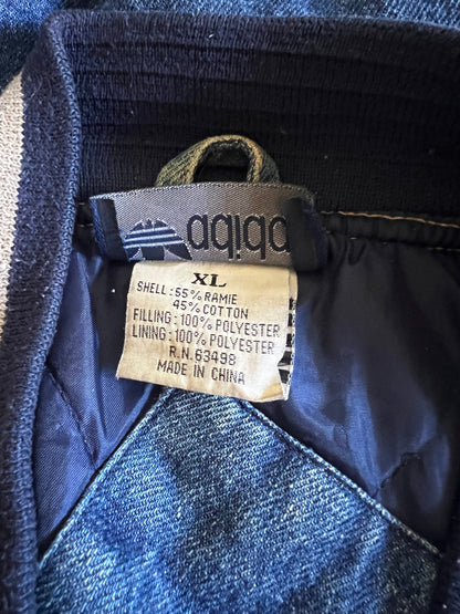 Vintage 80’s Adidas X Yankees Distressed Denim Varsity Jacket XL