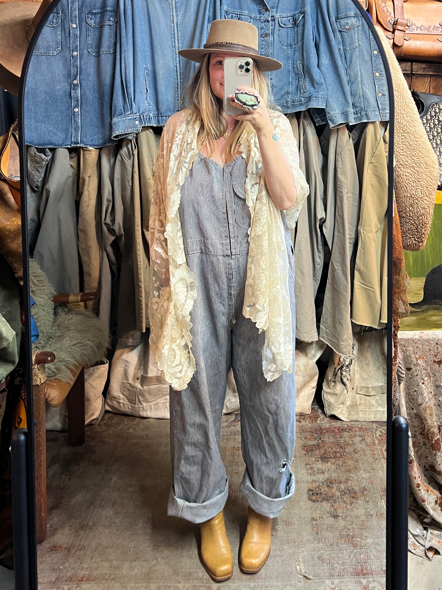 Rare Vintage 1950’s GWG Railroad Stripe Zip Front Distressed Overalls XL