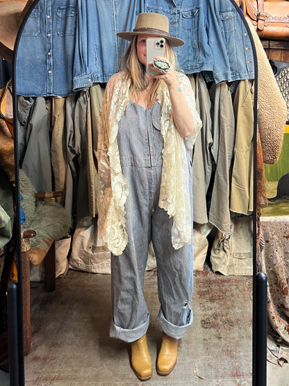 Rare Vintage 1950’s GWG Railroad Stripe Zip Front Distressed Overalls XL