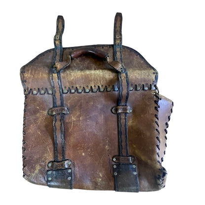 Vintage 70’s Large Handmade Tooled Leather Satchel Brass Hardware