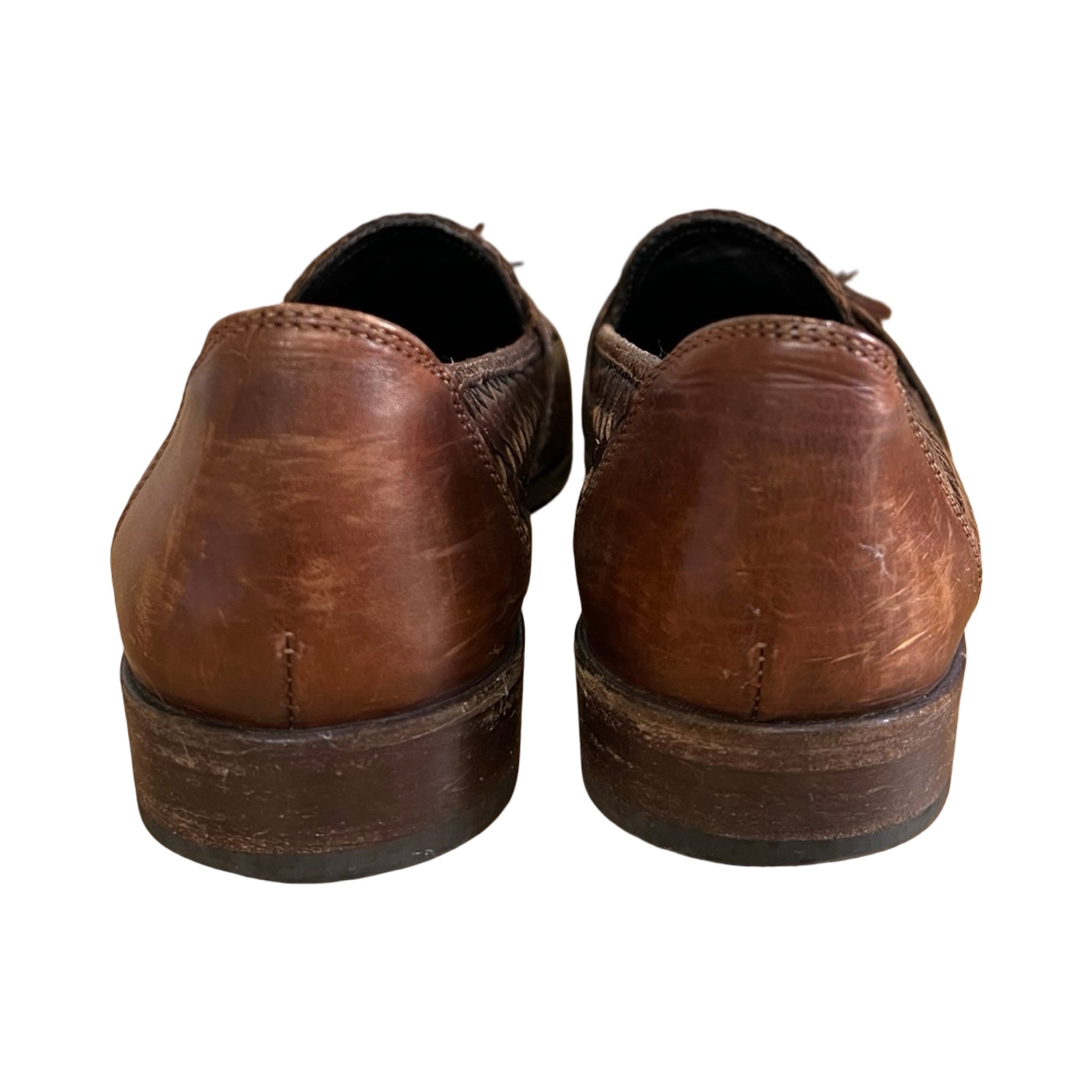 Vintage Bragano Distressed Woven Leather Tassel Loafers Made In