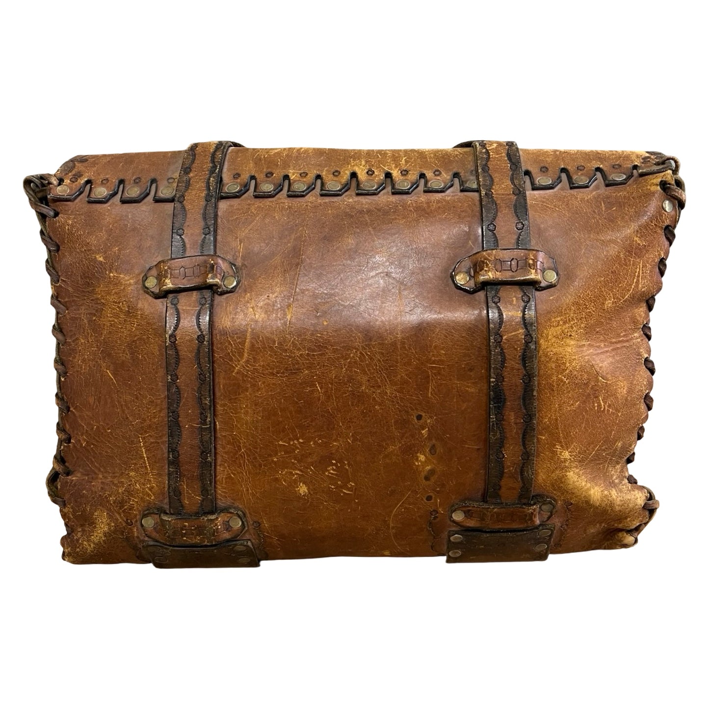 Vintage 70’s Large Handmade Tooled Leather Satchel Brass Hardware