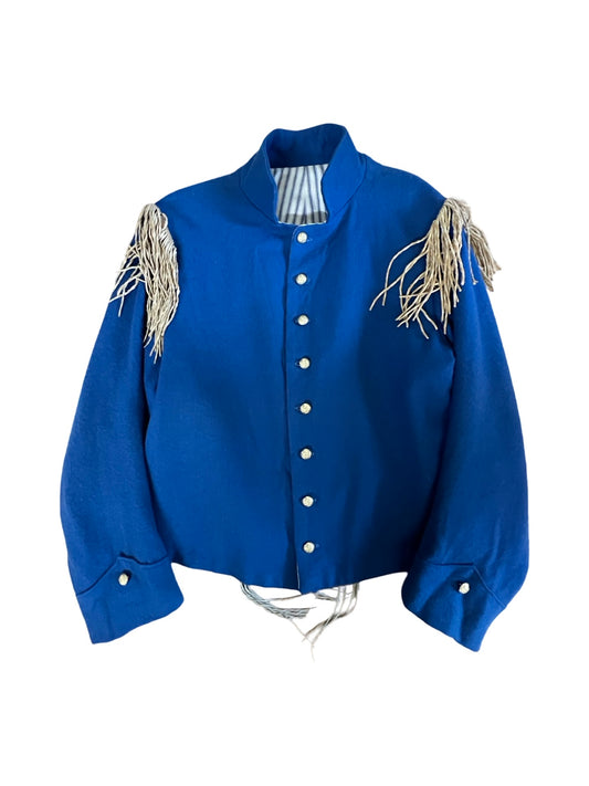 Vintage Cropped Military Jacket French Ticking Lined Seed Bead & Fringe Adornment