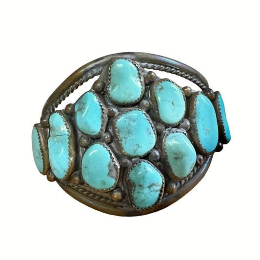 RARE Vintage Navajo Brass & Turquoise Cluster Cuff Hallmark DD