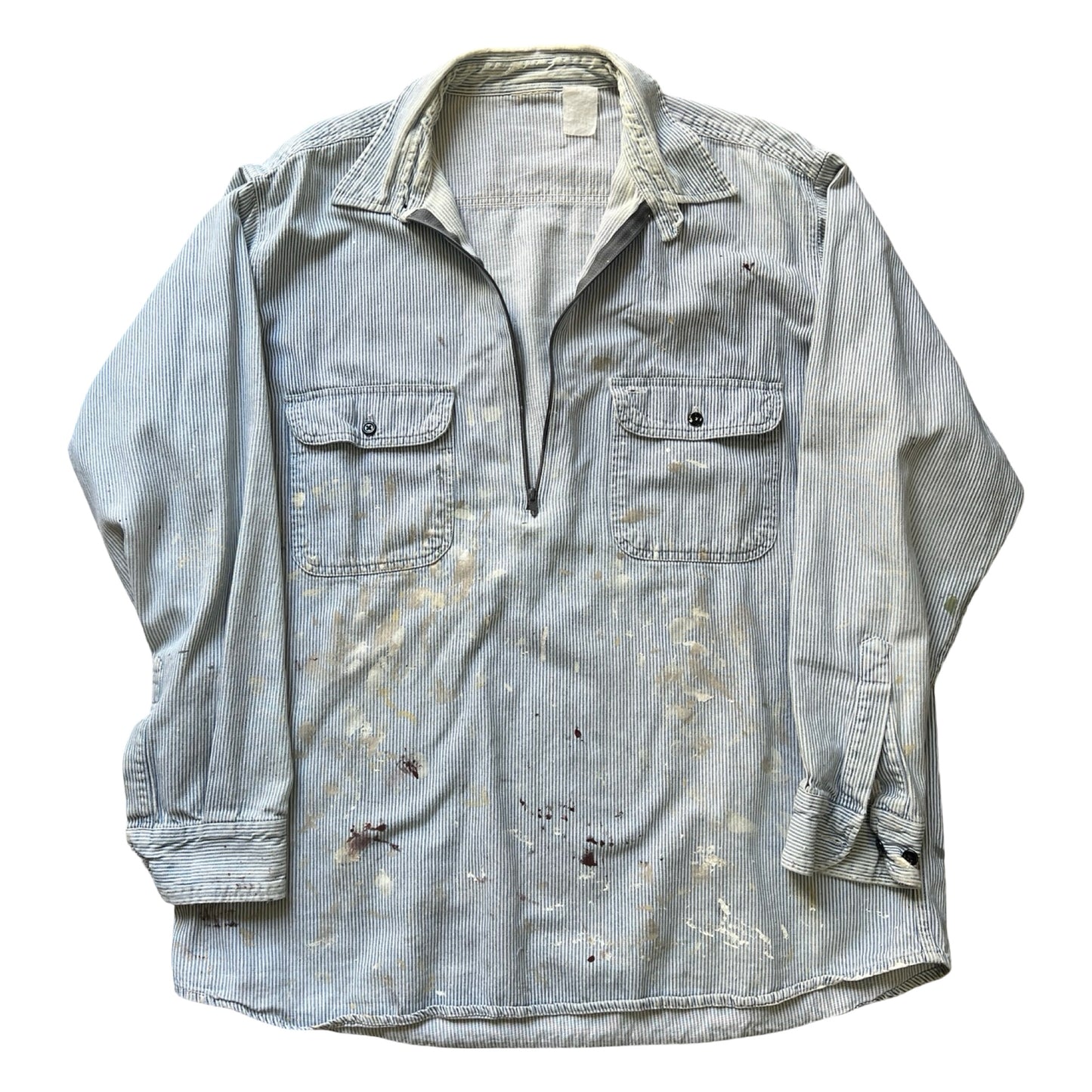 Vintage Hickory Striped Quarter Zip Denim Work Shirt Heavily Distressed XL