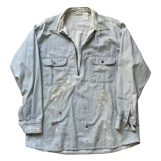 Vintage Hickory Striped Quarter Zip Denim Work Shirt Heavily Distressed XL