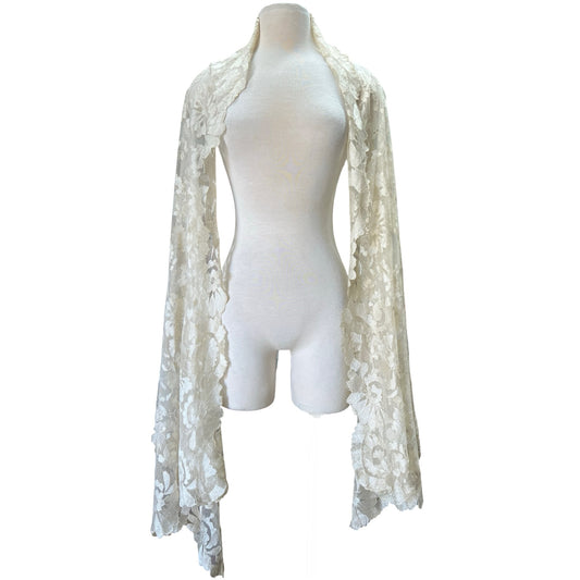 Antique Sheer Ivory Silk Floral Embroidery Lace Oversized Scarf/Shawl
