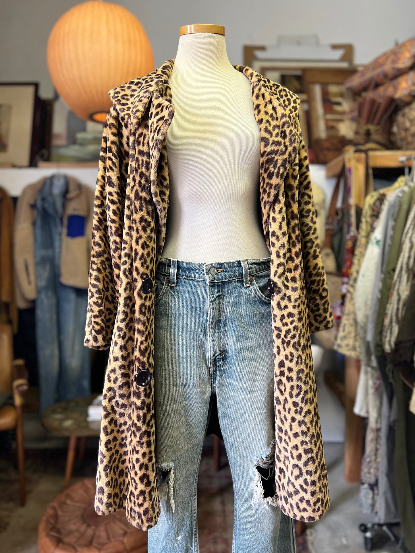 Vintage Leopard Double Breasted Lapel Collar Coat L