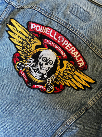 Rare Vintage 80’s Powell Peralta Bones Brigade Patch Levi’s Denim Trucker Jacket 42