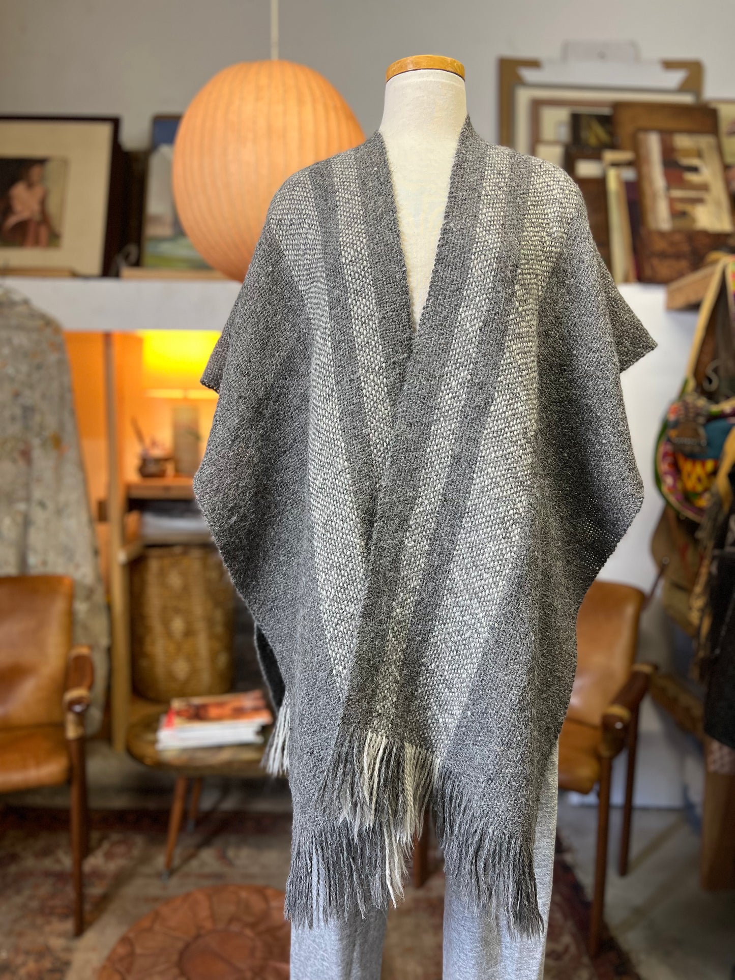 Vintage Bohemian Hand Knit Shawl Sweater Cape Wrap Fringe Trim Gray Tones