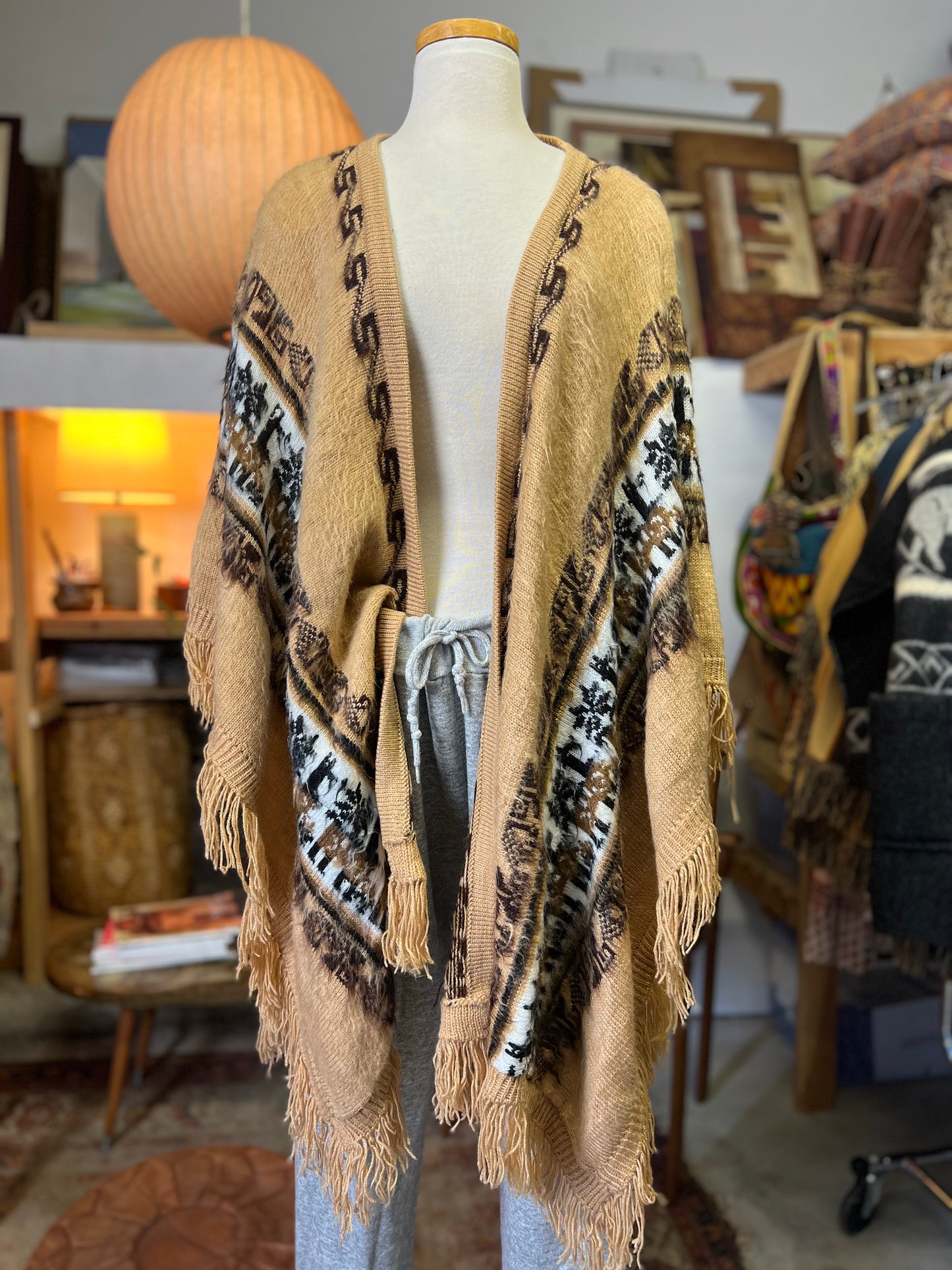 Vintage Alpaca Shawl Cape Scarf Wrap Sweater With Fringe O/S