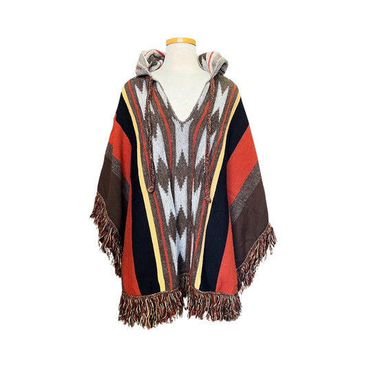 Vintage 70's Cuddle Knit Southwestern Print Hooded Fringe Trim Poncho O/S