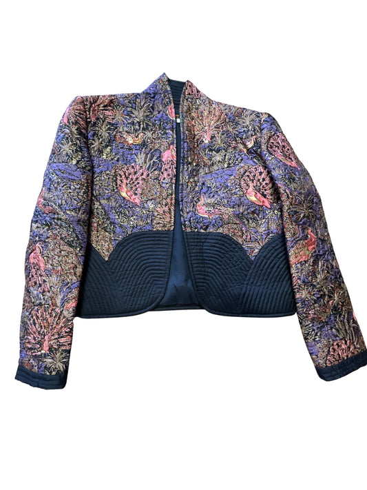 Vintage Thai Silk Quilted Crop Jacket Peacock Floral Motif Gold Lurex Accents