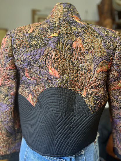 Vintage Thai Silk Quilted Crop Jacket Peacock Floral Motif Gold Lurex Accents
