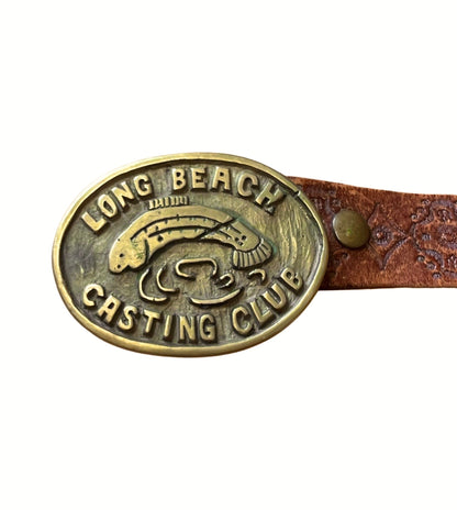 Vintage Signed ‘87 Handmade Long Beach Casting Club Solid Brass Buckle on Vintage Tooled Leather Belt