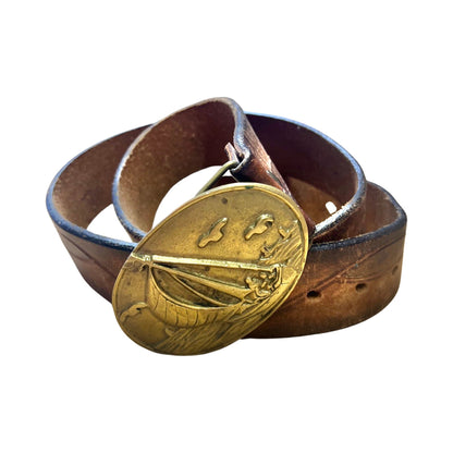 Vintage 80’s Sailing Sailboat Nautical Solid Brass Belt Buckle with Vintage Hand Tooled Leather Belt