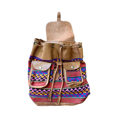 Vintage Guatemalan Handmade Tapestry Leather Big Backpack Bag