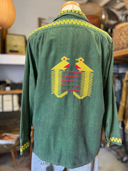 Vintage Embroidered Birds Peacocks Handmade Patch Pocket Guatemalan Jacket Embroidery