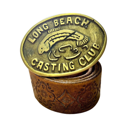 Vintage Signed ‘87 Handmade Long Beach Casting Club Solid Brass Buckle on Vintage Tooled Leather Belt