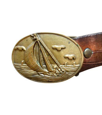 Vintage 80’s Sailing Sailboat Nautical Solid Brass Belt Buckle with Vintage Hand Tooled Leather Belt