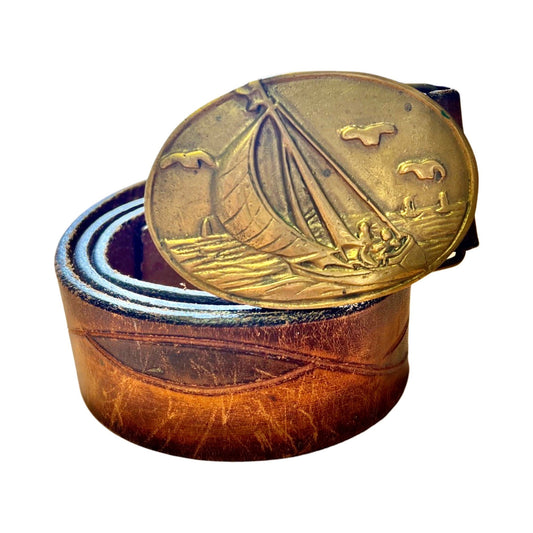 Vintage 80’s Sailing Sailboat Nautical Solid Brass Belt Buckle with Vintage Hand Tooled Leather Belt