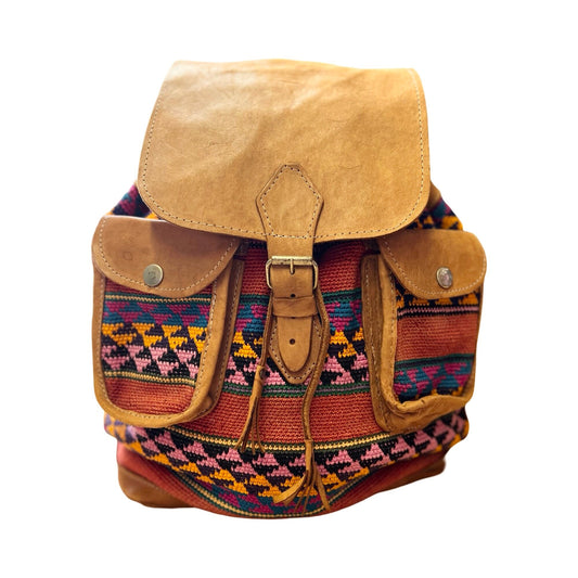 Vintage Guatemalan Handmade Tapestry Leather Big Backpack Bag