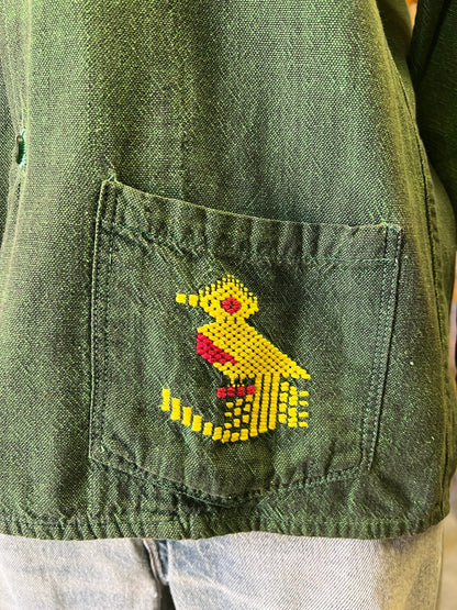 Vintage Embroidered Birds Peacocks Handmade Patch Pocket Guatemalan Jacket Embroidery