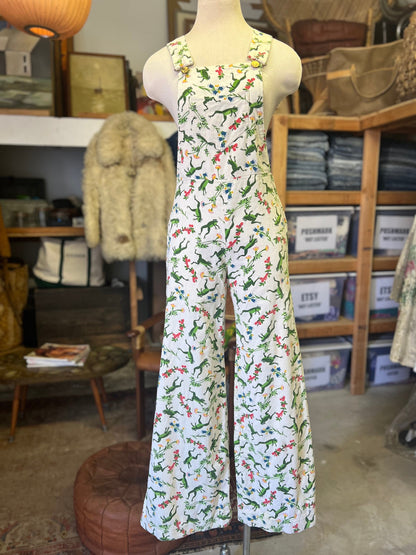 Rare Vintage 80’s Handmade Frog Print Bellbottom Corduroy Overalls XS/S