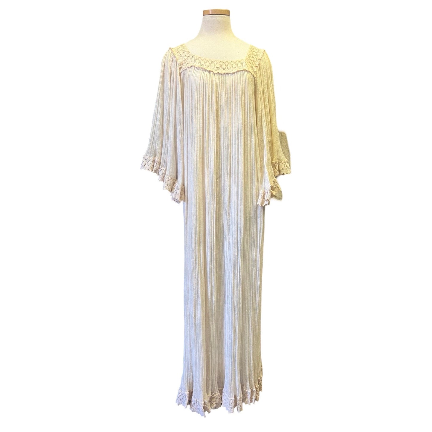 Vintage Dreamy Ethereal Gauze Handmade Angel Sleeve Crochet Trim Maxi Dress O/S