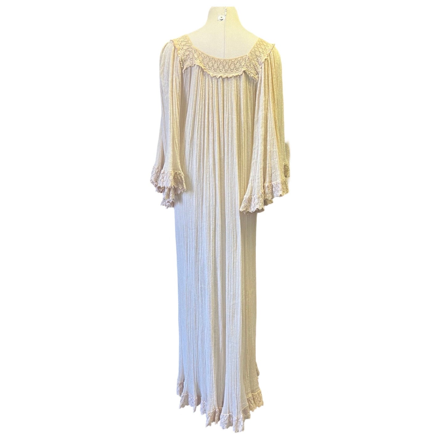 Vintage Dreamy Ethereal Gauze Handmade Angel Sleeve Crochet Trim Maxi Dress O/S