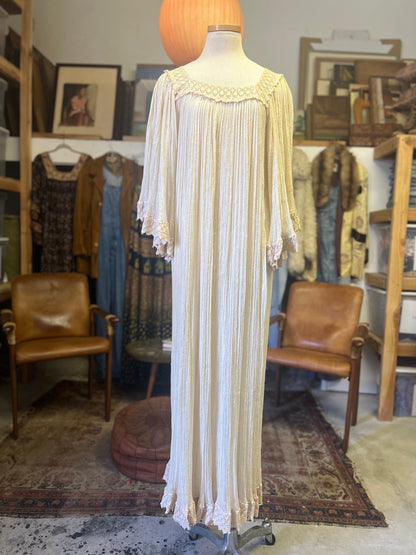 Vintage Dreamy Ethereal Gauze Handmade Angel Sleeve Crochet Trim Maxi Dress O/S