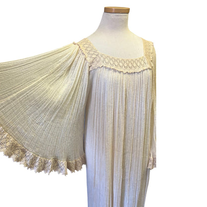 Vintage Dreamy Ethereal Gauze Handmade Angel Sleeve Crochet Trim Maxi Dress O/S