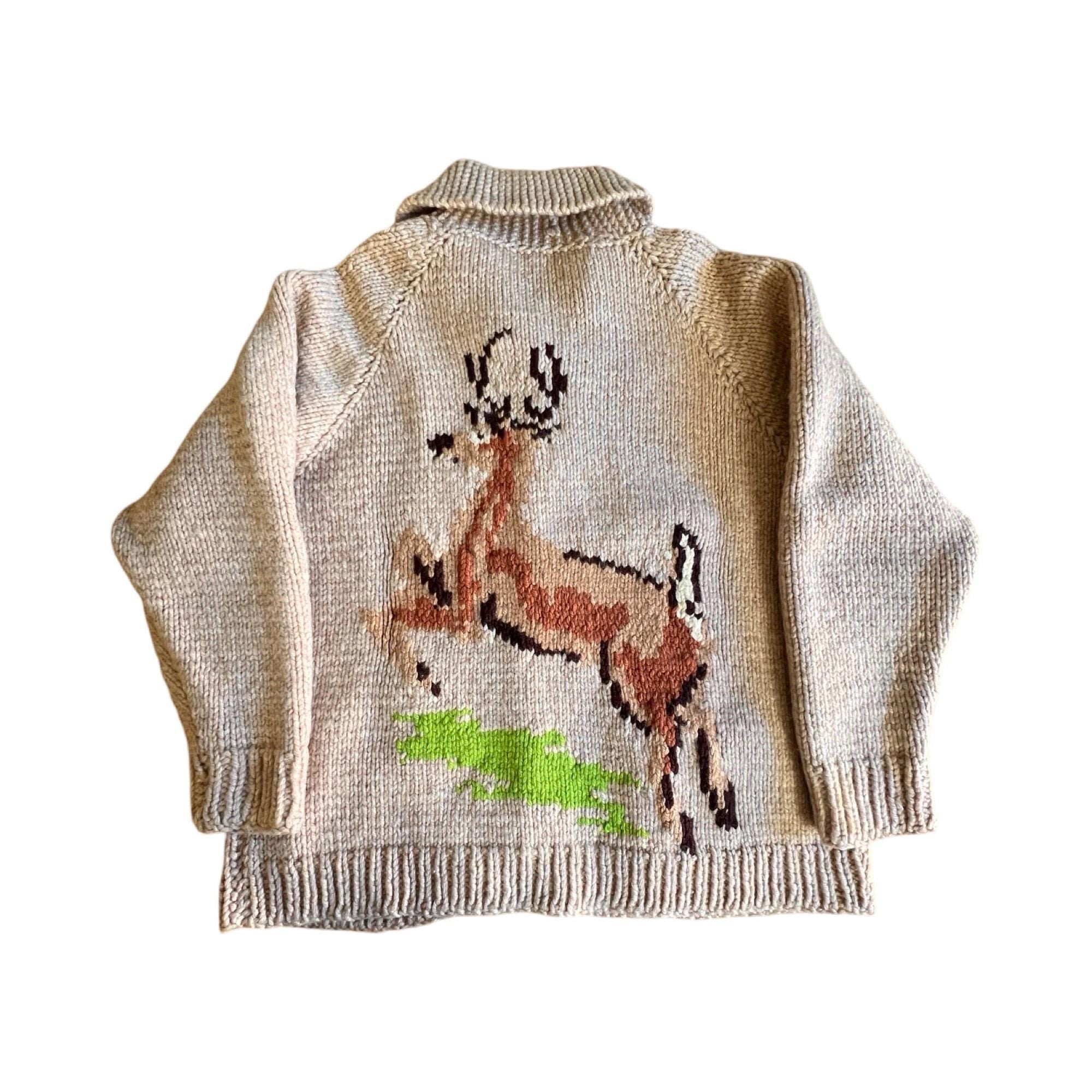 Vintage Cowichan Deer Cardigan Sweater Zip Front Shawl