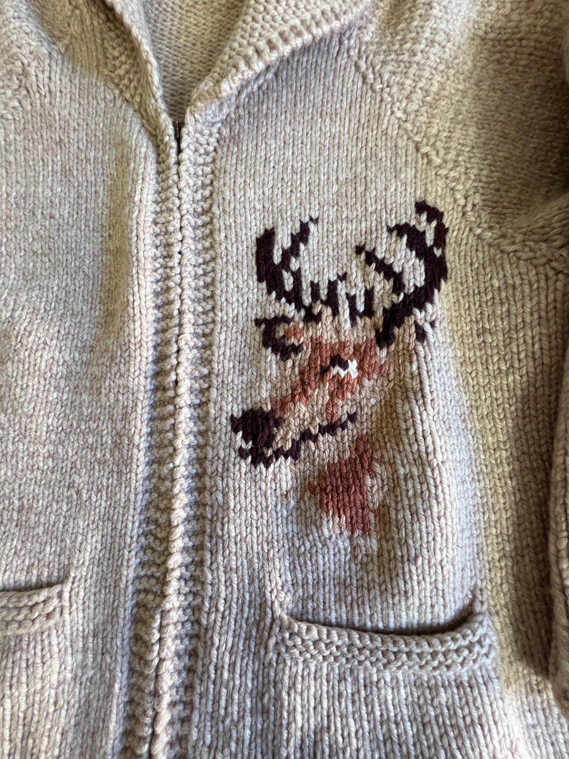 Vintage Cowichan Deer Cardigan Sweater Zip Front Shawl Collar Oversized XL