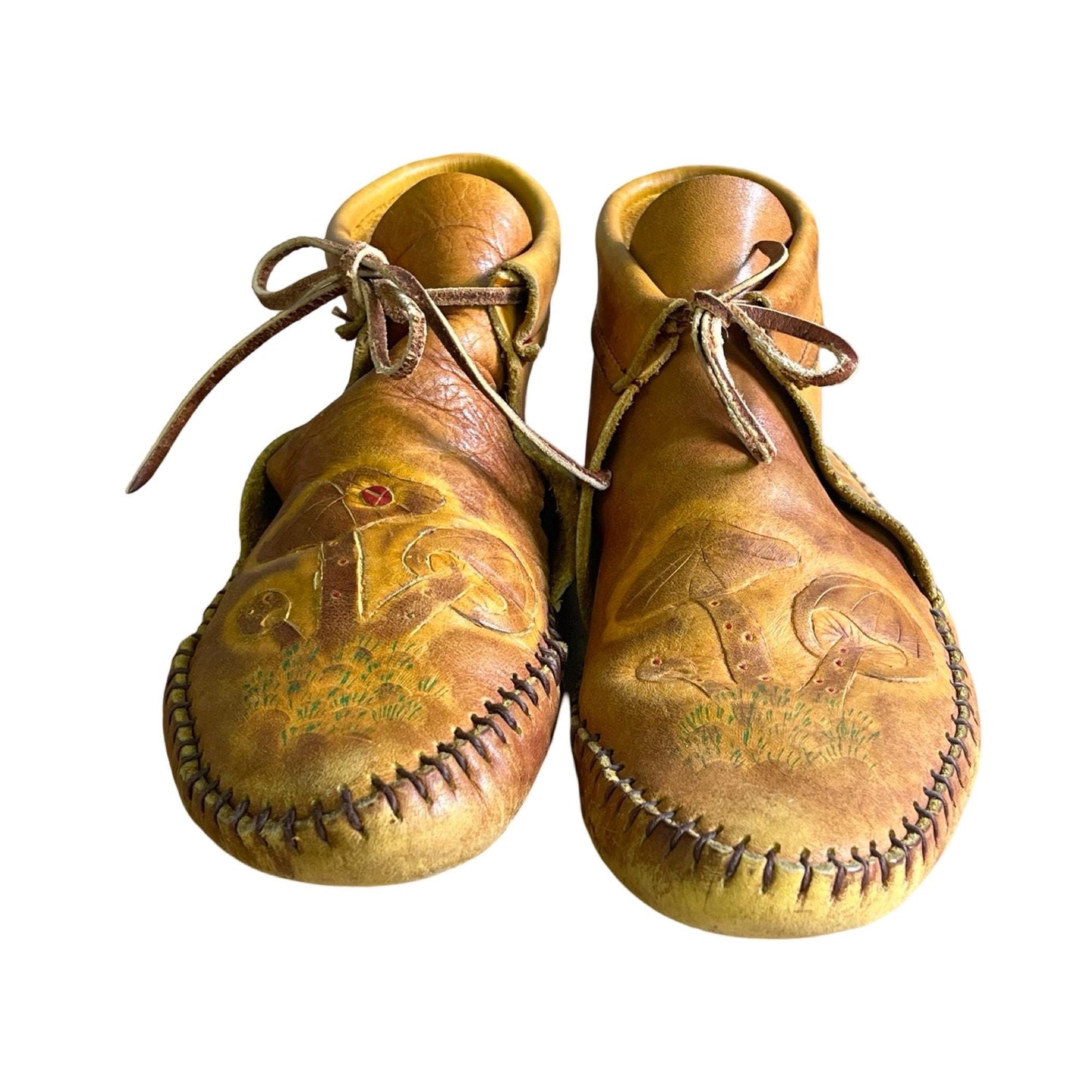 Rare Vintage Mushroom Moccasins Hand Tooled Hand Painted Handmade Leather Women’s 8/8.5