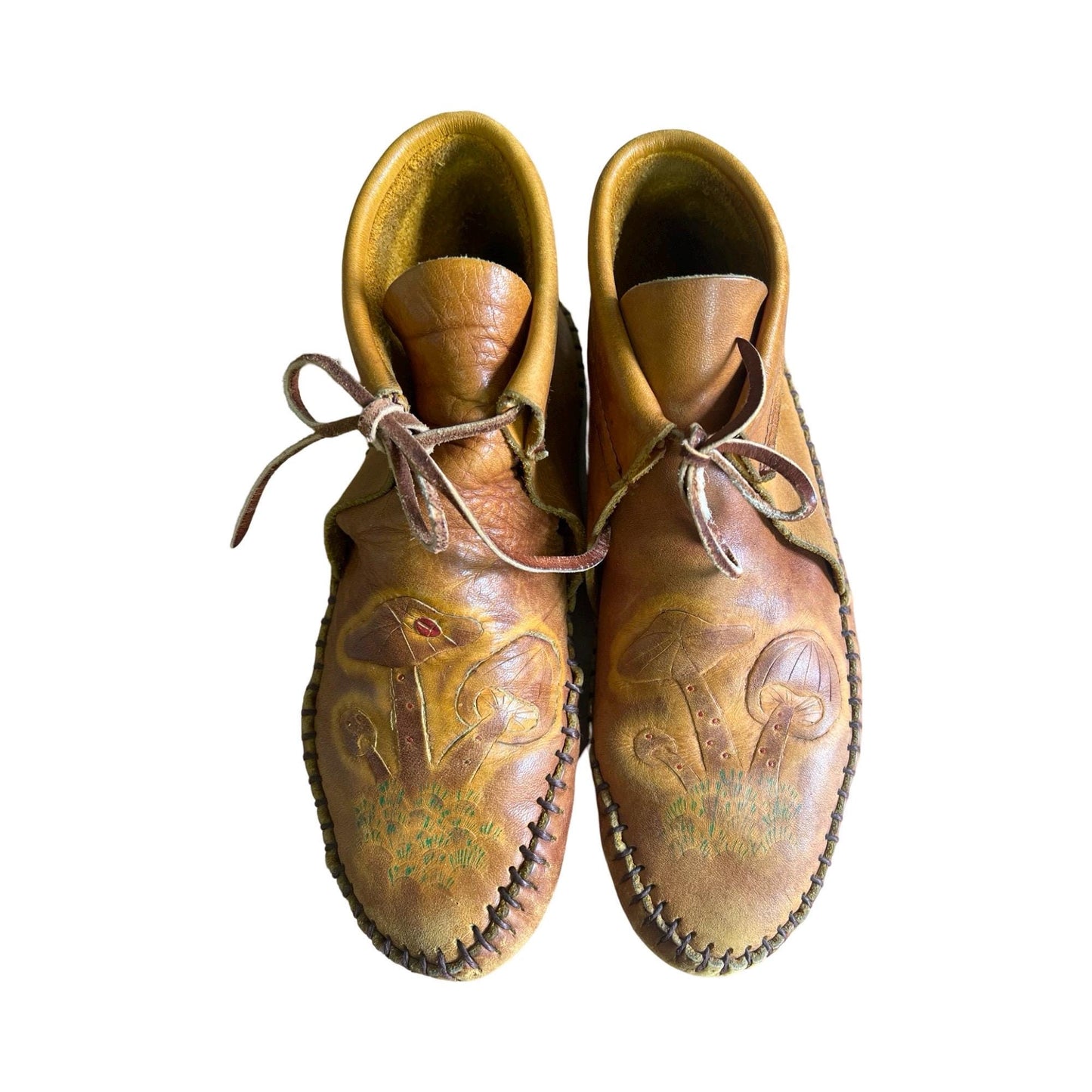 Rare Vintage Mushroom Moccasins Hand Tooled Hand Painted Handmade Leather Women’s 8/8.5