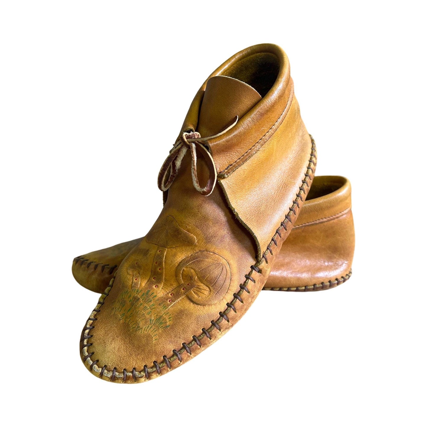 Rare Vintage Mushroom Moccasins Hand Tooled Hand Painted Handmade Leather Women’s 8/8.5
