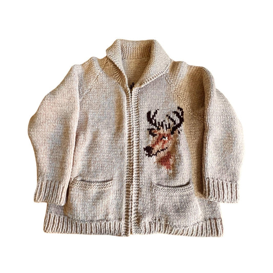 Vintage Cowichan Deer Cardigan Sweater Zip Front Shawl Collar Oversized