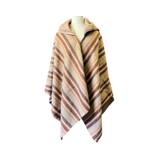 Vintage Handmade Earthtone Hooded Poncho Wrap Sweater One Of A Kind OSFA